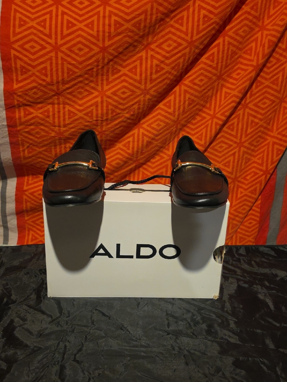 Aldo Women's Black Leather Loafers with Gold Bit Hardware